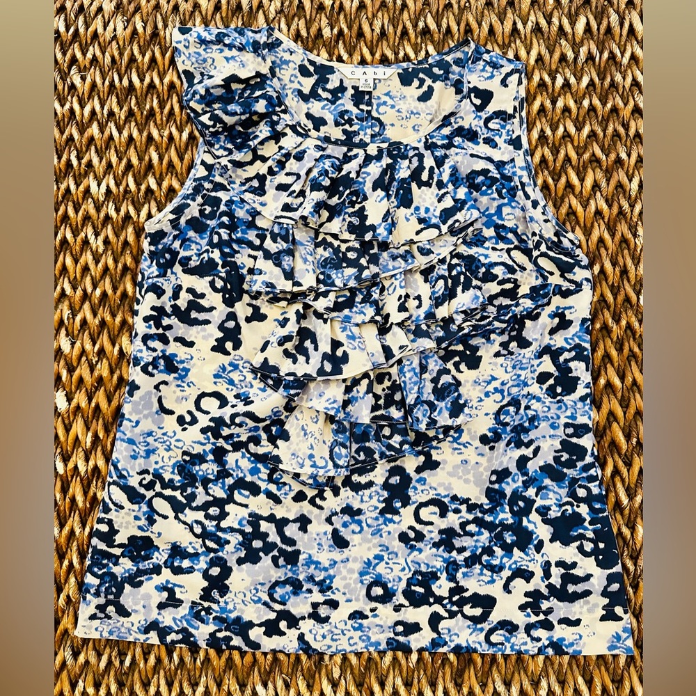 CAbi Silk Ruffle Sleeveless Blouse. Blue & Cream. Small